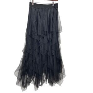 Easel Women Tulle Maxi Skirt L Black Asymmetrical Tiered Gothic Fairycore Mesh